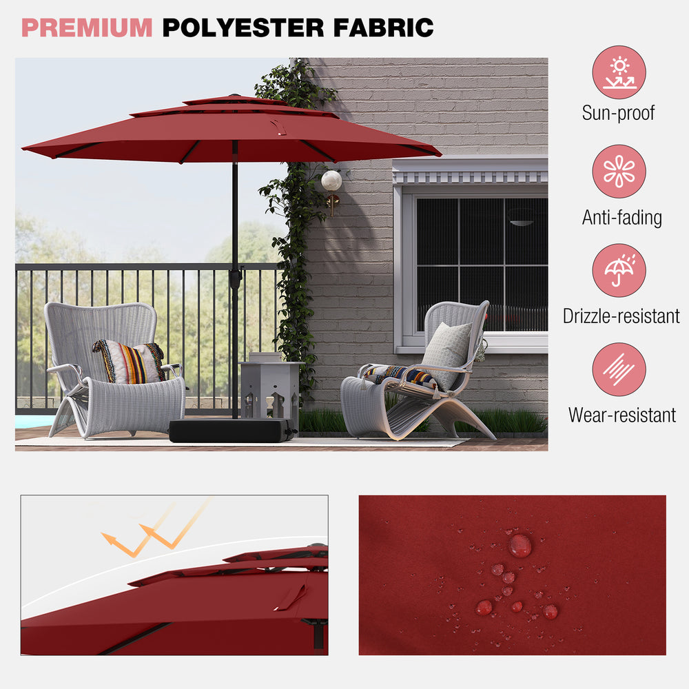 10 ft red patio umbrella with 3-tier vented top, sun-proof polyester fabric, and push button tilt for adjustable shade.