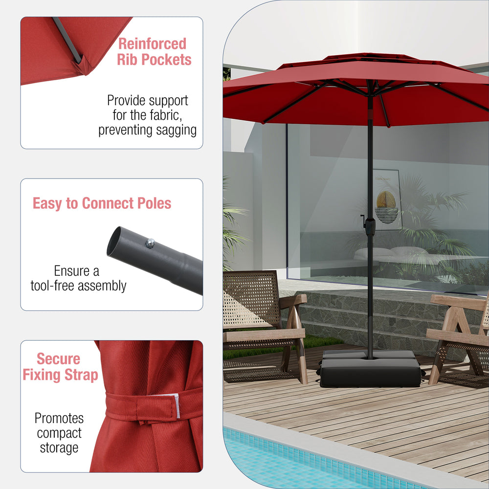 10 ft red patio umbrella with 3-tier vented top, push button tilt, and reinforced ribs for enhanced durability and.