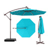 Turquoise 10 ft offset cantilever patio umbrella with solar lights, featuring a tiltable design for all-day shading.