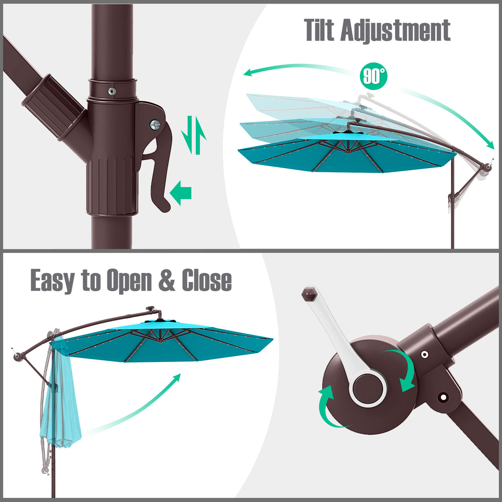 Tilt adjustment mechanism of the 10 Ft patio umbrella with solar lights, showcasing easy opening and closing features.