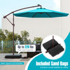 Turquoise 10 ft offset cantilever umbrella with solar lights and included sand bags for enhanced stability in outdoor.