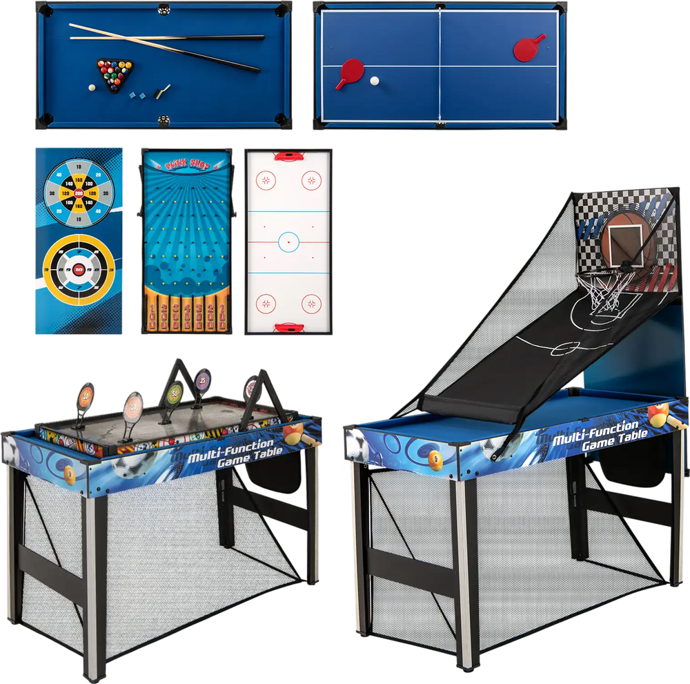 10-in-1 combo game table set featuring table tennis, basketball, and soccer, perfect for family fun and compact spaces.