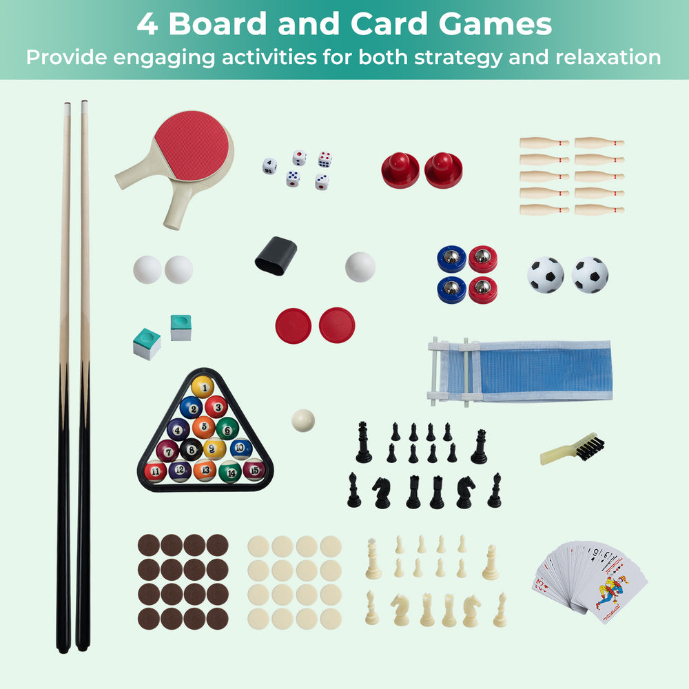 10-in-1 game table set featuring board and card games, including chess and poker, perfect for family fun and relaxation.