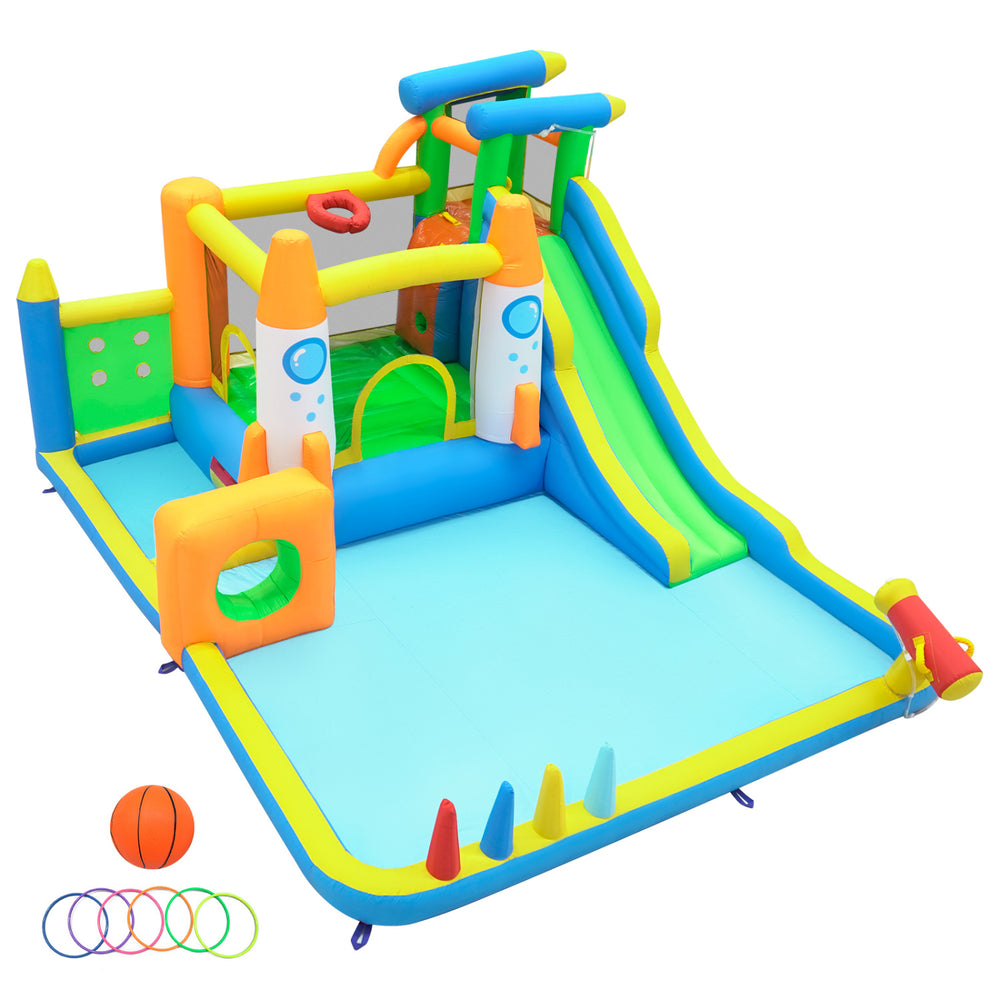 Colorful 10-in-1 inflatable bounce house features a water slide, climbing wall, and basketball hoop for outdoor fun.