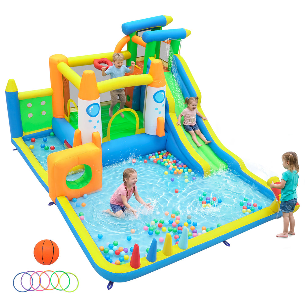 Colorful 10-in-1 inflatable bounce house with water slide, climbing wall, and splash pool for outdoor summer fun.