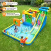 Inflatable bounce house with water slide features a climbing wall, splash pool, and basketball hoop for kids' outdoor fun.