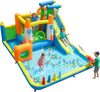 Colorful 10-in-1 inflatable bounce house with water slide, climbing wall, and splash pool for kids' outdoor fun.