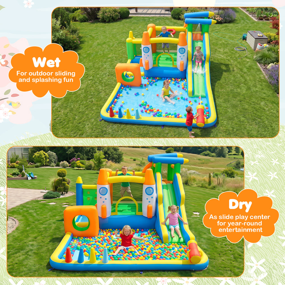10-in-1 inflatable bounce house with water slide, featuring a splash pool and climbing wall for outdoor fun.