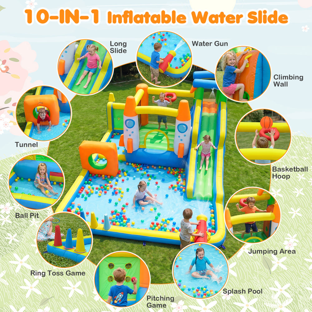 10-in-1 inflatable bounce house features a long slide, climbing wall, and splash pool for kids' outdoor summer fun.