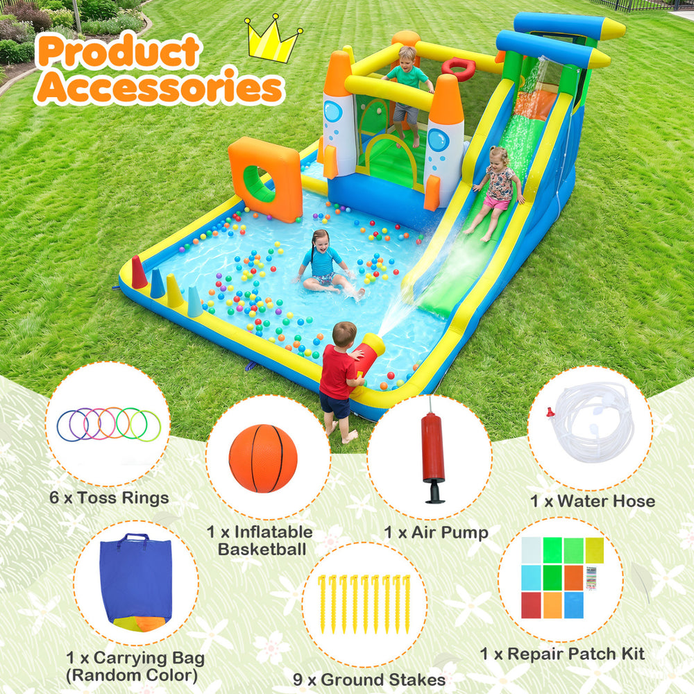 10-in-1 inflatable bounce house with water slide, featuring a climbing wall, splash pool, and basketball hoop for outdoor fun.