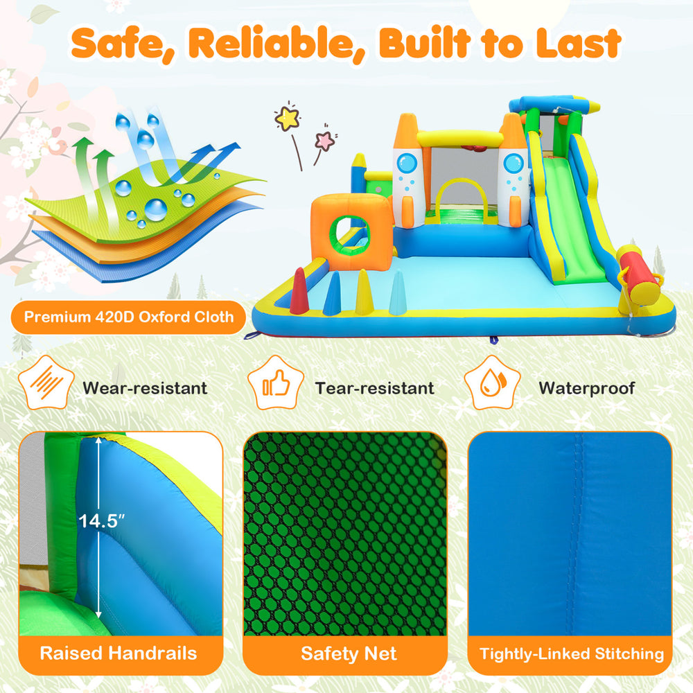 10-in-1 inflatable bounce house with water slide features a climbing wall, splash pool, and safety net for kids' outdoor fun.
