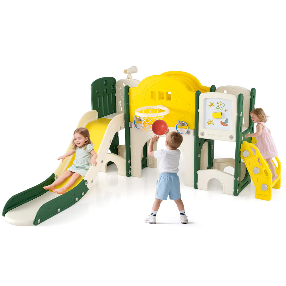 Toddler slide set with extended slide, climbing features, and basketball hoop for indoor play and motor skill.