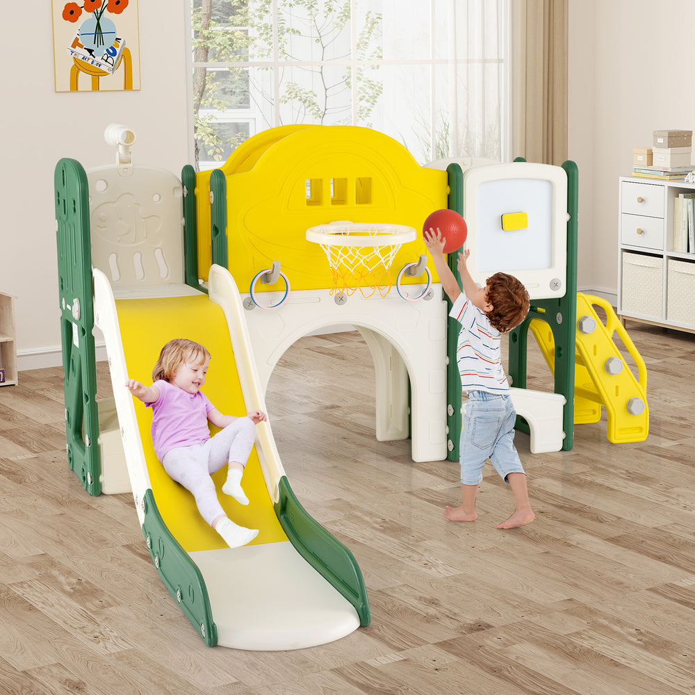 10 in 1 Toddler Slide Set Kids Slide and Climber Playset Indoor Playground-Yellow - Gallery View 1 of 11