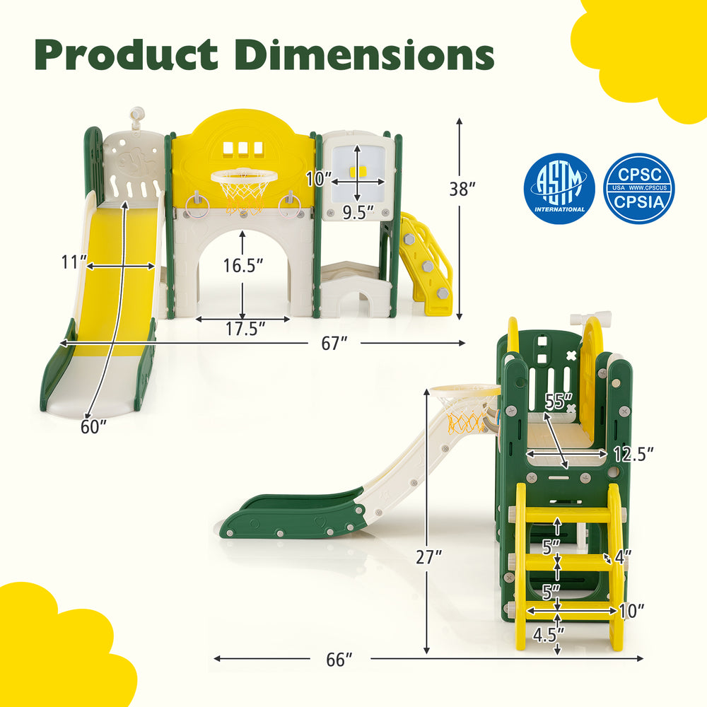 Product dimensions of the 10 in 1 Toddler Slide Set, featuring a slide, climber, and play areas for kids aged 3+.