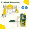 Product dimensions of the 10 in 1 Toddler Slide Set, featuring a slide, climber, and play areas for kids aged 3+.