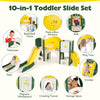 Toddler slide set in yellow featuring a slide, climbing area, basketball hoop, and magnetic whiteboard for indoor play.