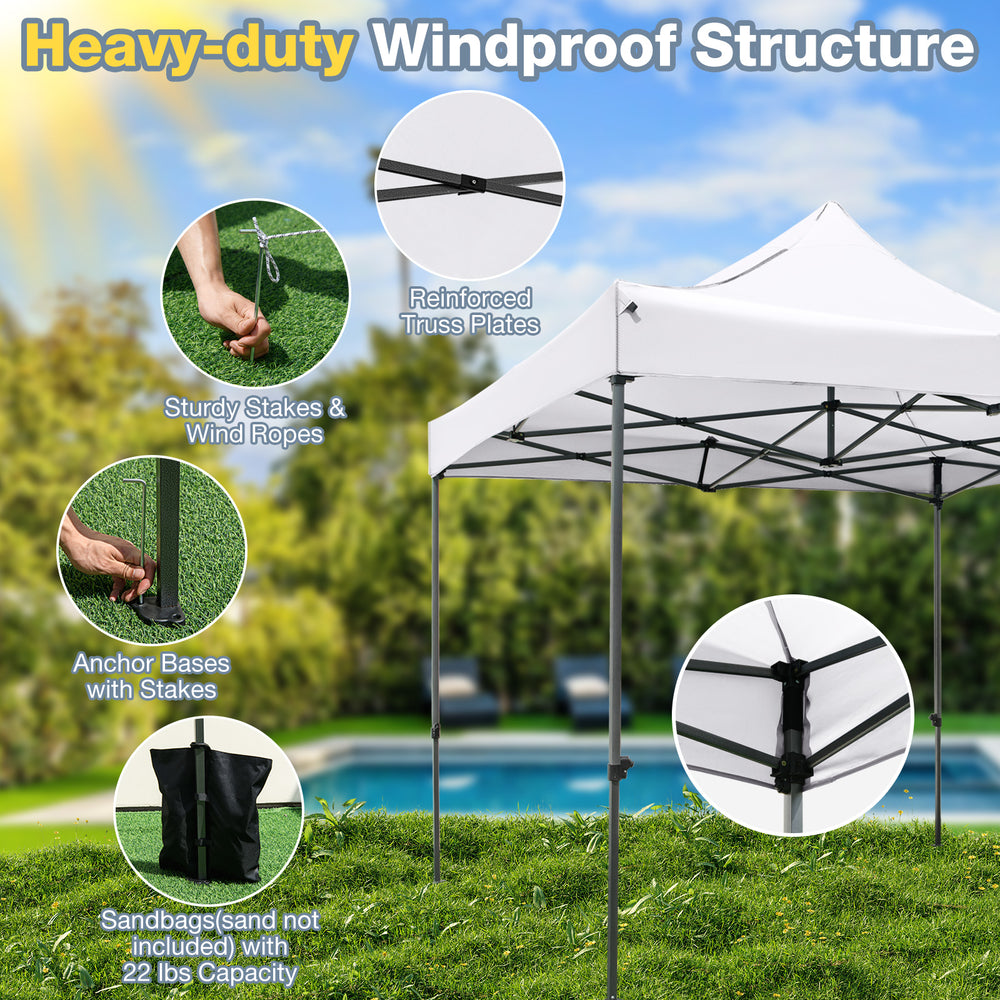 10 x 10 FT outdoor pop-up canopy tent with heavy-duty structure, sturdy stakes, and windproof features for events.