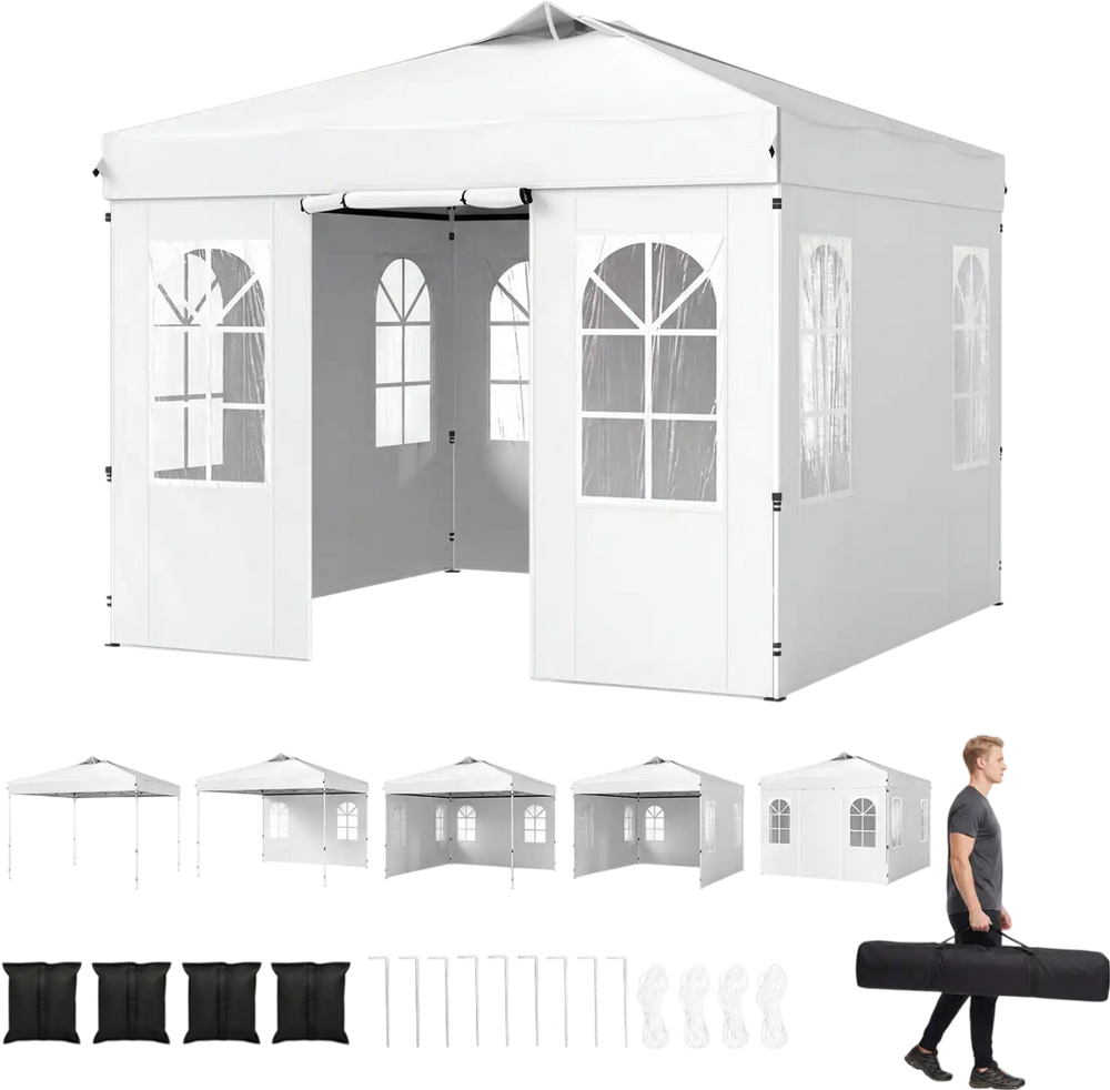 Pop up 10 x 10 FT canopy tent in white with 4 sidewalls, adjustable height, and waterproof fabric for outdoor events.