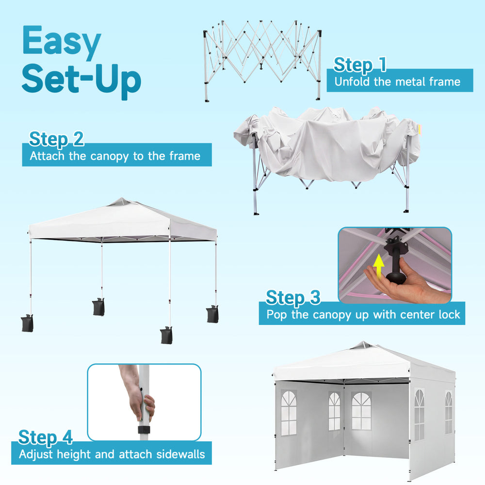 Pop up canopy tent with adjustable height, waterproof white fabric, and removable sidewalls for versatile outdoor use.