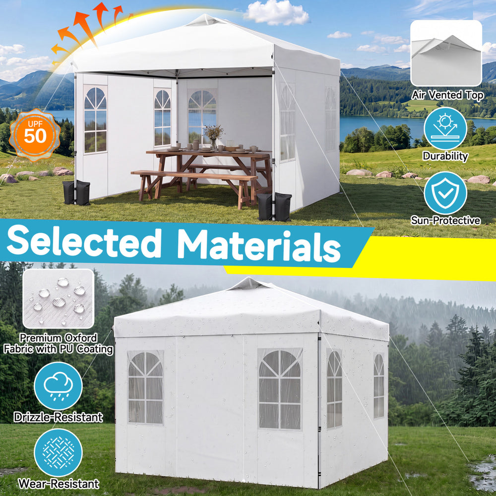 10 x 10 FT pop-up canopy tent in white with adjustable height, waterproof fabric, and removable sidewalls for outdoor events.