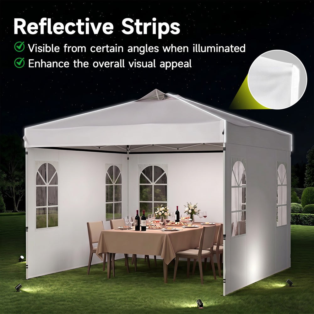 Pop up canopy tent with adjustable height, waterproof white fabric, and reflective strips for enhanced outdoor visibility.
