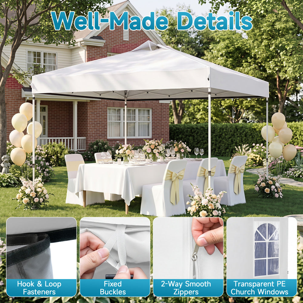 Pop up canopy tent with adjustable height, waterproof white fabric, and transparent PE church windows for outdoor events.