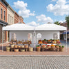 Pop-up canopy tent with adjustable height, waterproof white fabric, and removable sidewalls for outdoor events and markets.