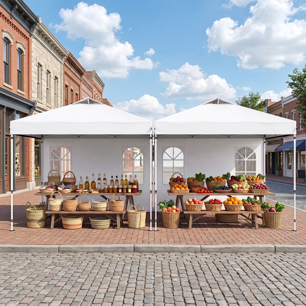 Pop-up canopy tent with adjustable height, waterproof white fabric, and removable sidewalls for outdoor events and markets.
