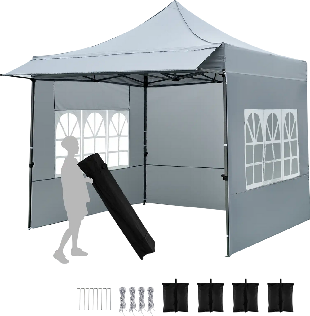 Pop up canopy tent with detachable sidewalls and awning, gray, ideal for parties and picnics, featuring a sturdy.