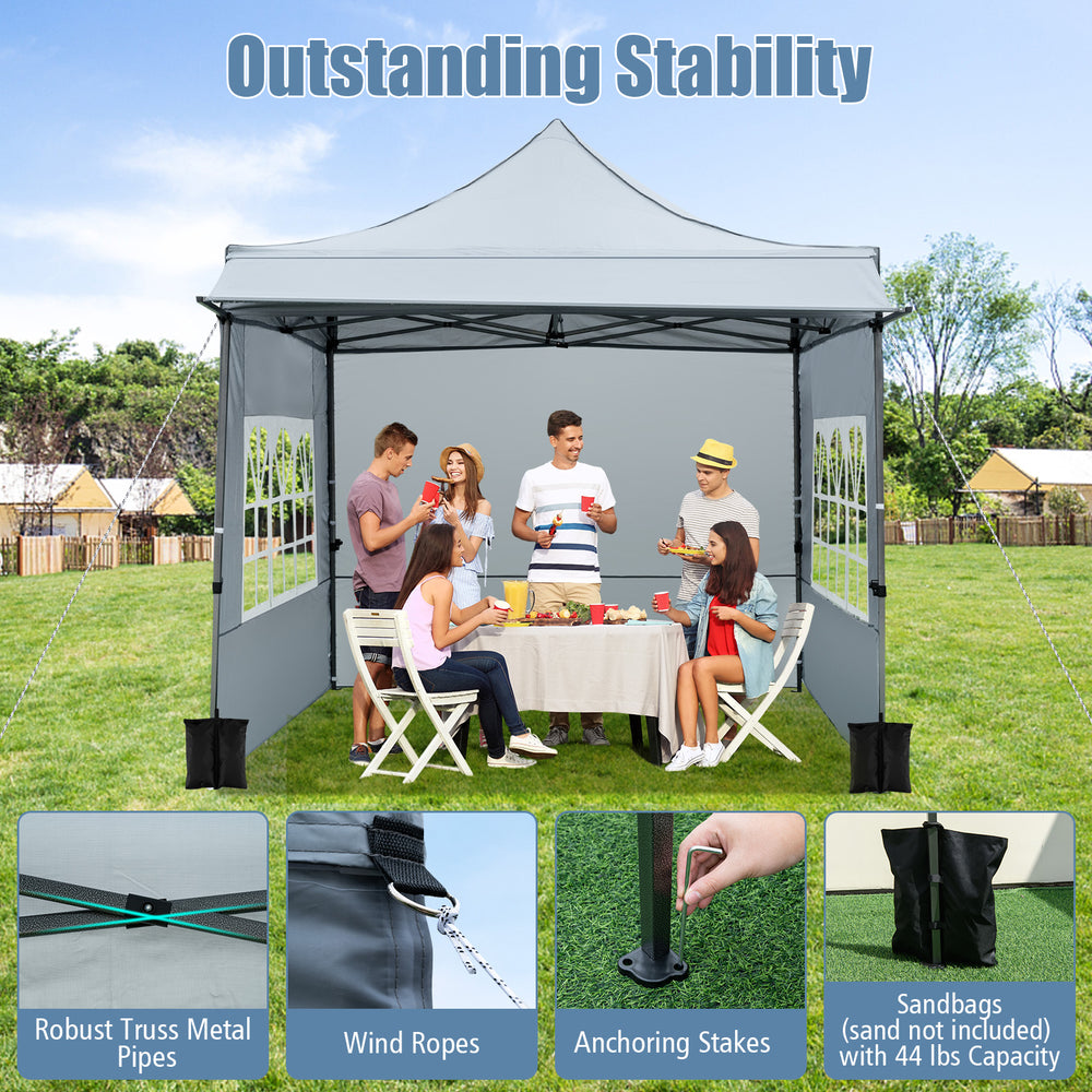 Pop up canopy tent with sidewalls and awning, gray, featuring robust metal structure for outdoor events and picnics.