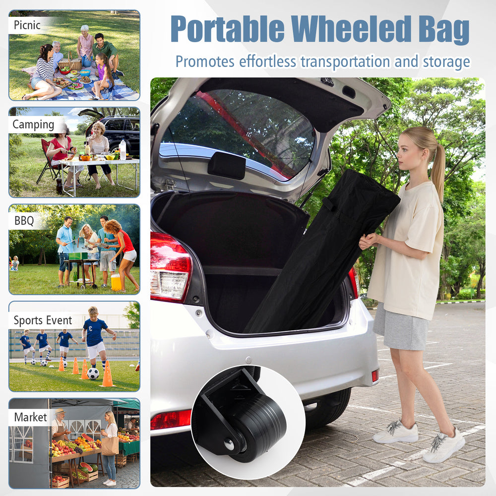 Wheeled bag for easy transport of the 10 x 10 FT pop-up canopy tent, ideal for picnics, events, and outdoor activities.