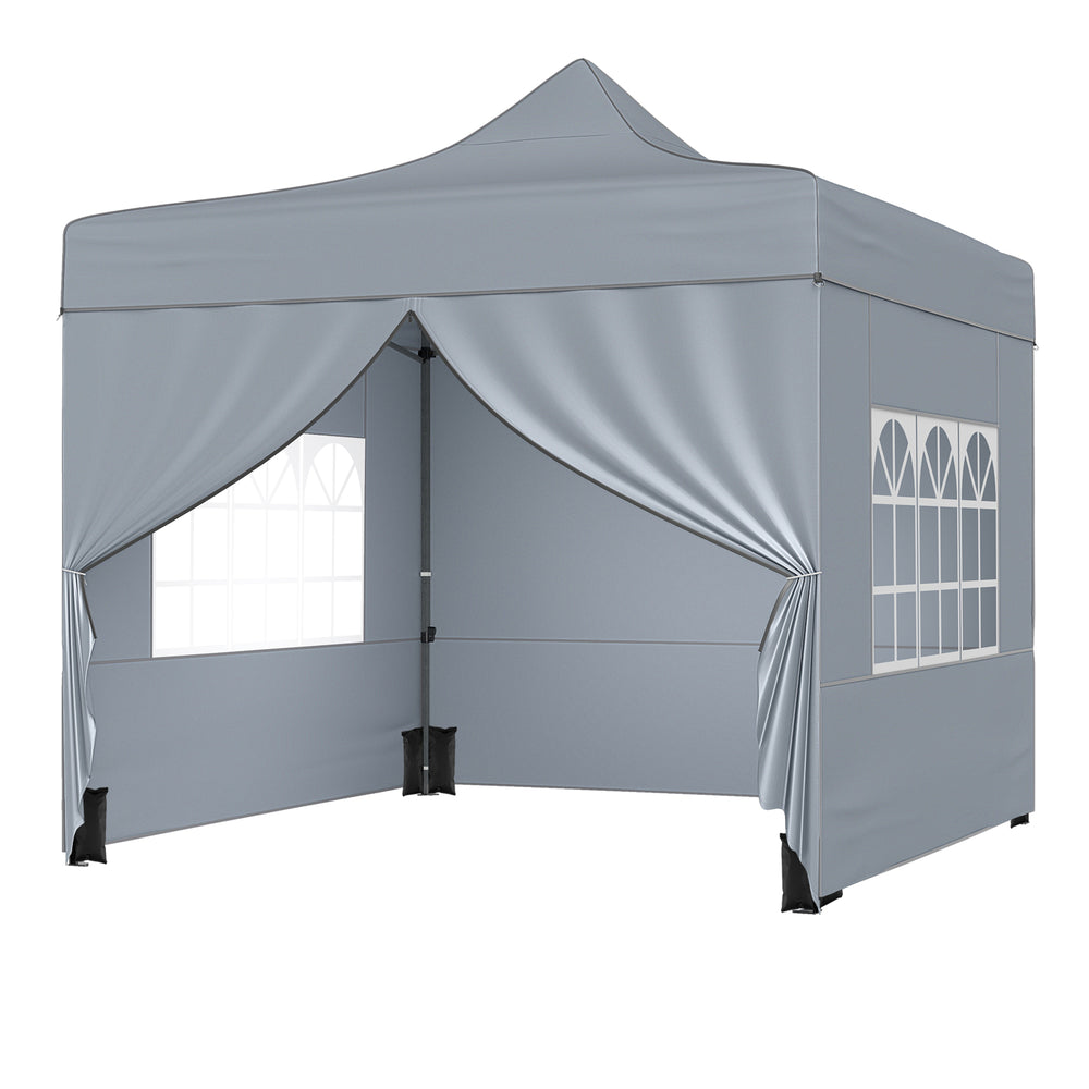 Gray 10 x 10 FT pop-up canopy tent with 4 removable sidewalls and windows, ideal for outdoor events and parties.