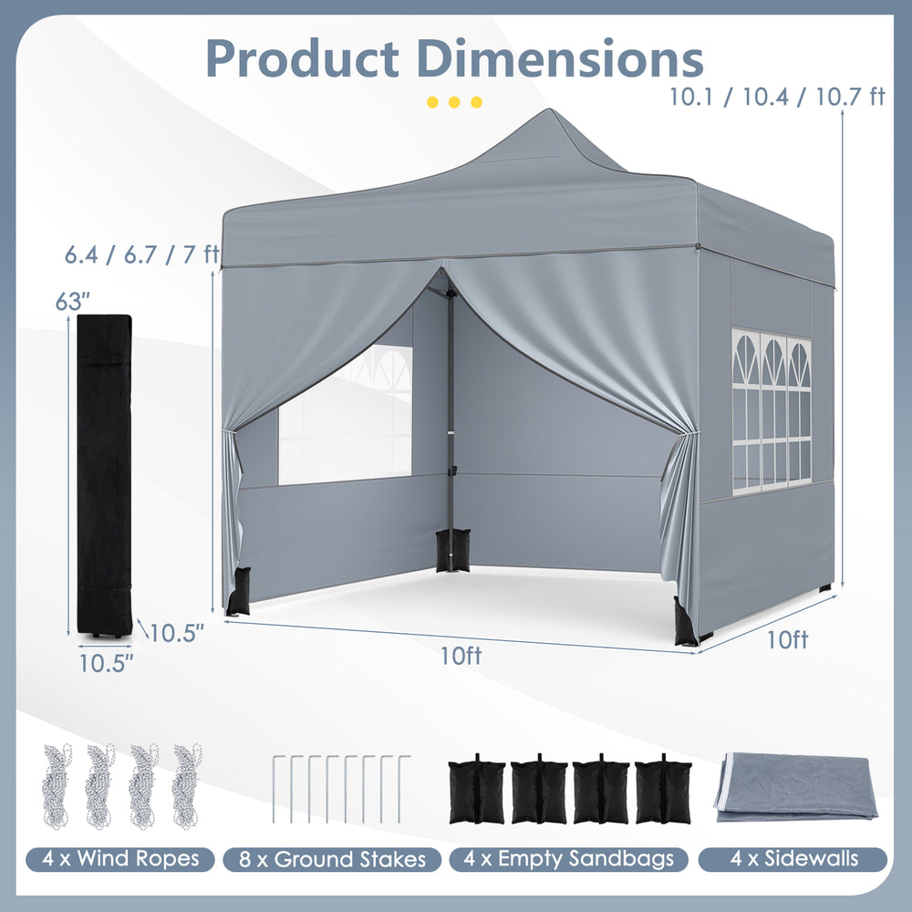 10 x 10 FT gray pop-up canopy tent with 4 removable sidewalls, dimensions, and accessories for outdoor events.