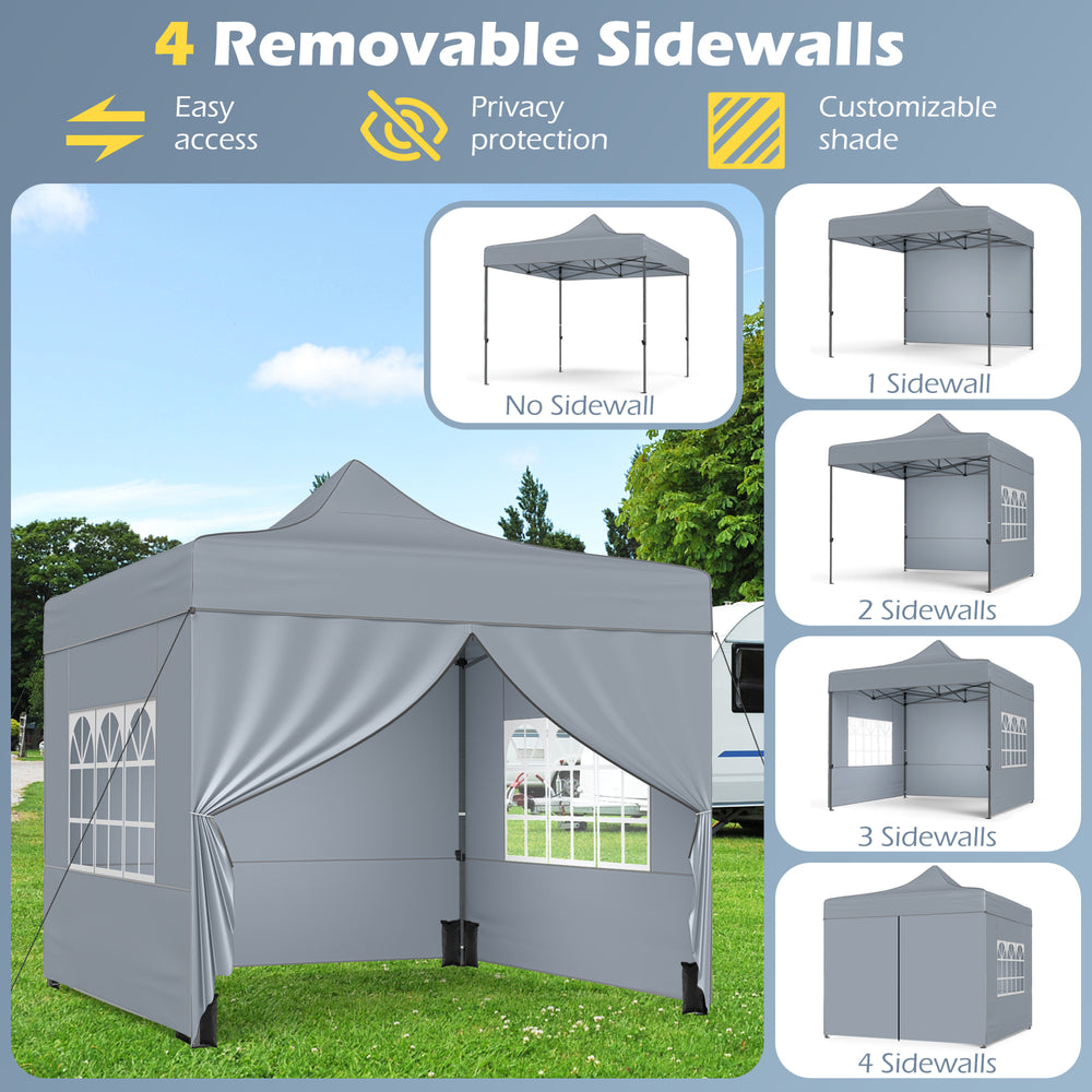 10 x 10 FT gray pop-up canopy tent with 4 removable sidewalls, featuring transparent windows for versatile outdoor use.