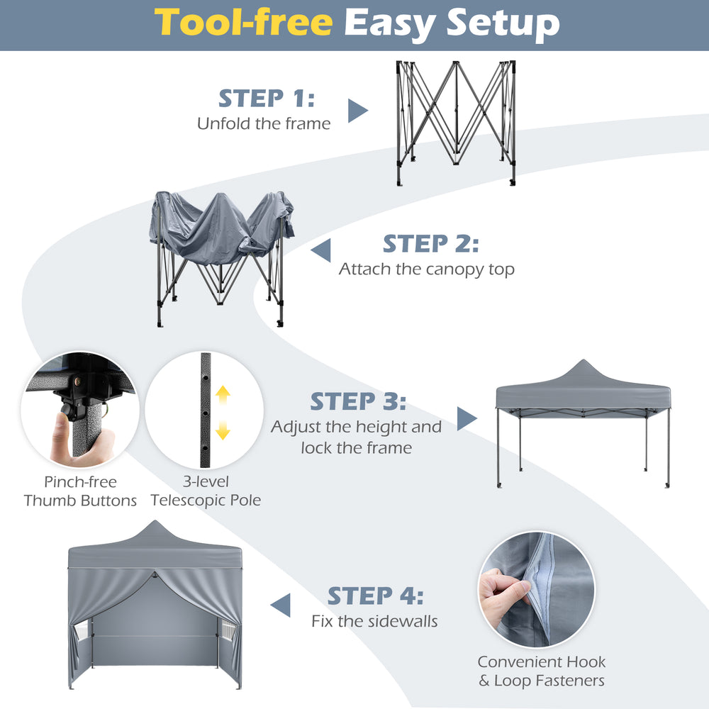 Step-by-step guide for setting up the 10 x 10 FT pop-up canopy tent with removable sidewalls and wheeled bag.