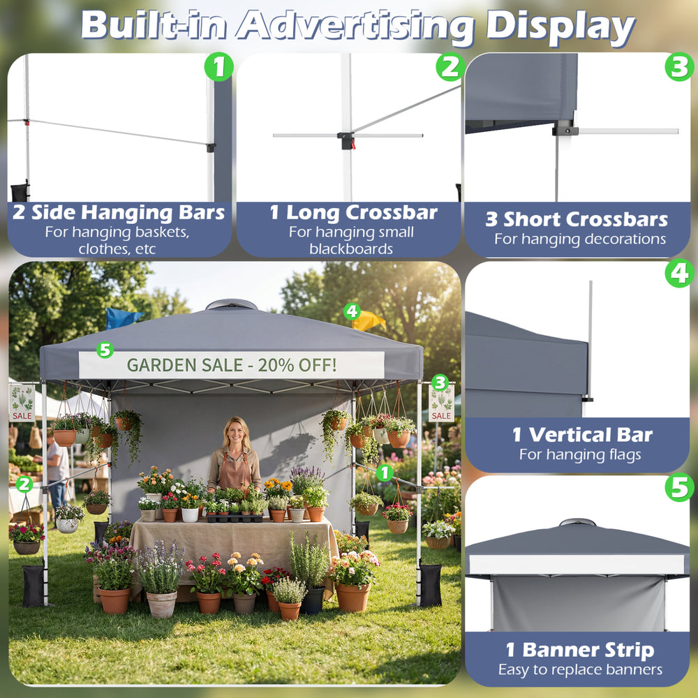 Gray 10 x 10 feet foldable commercial pop-up canopy features adjustable height and side hanging bars for outdoor events.