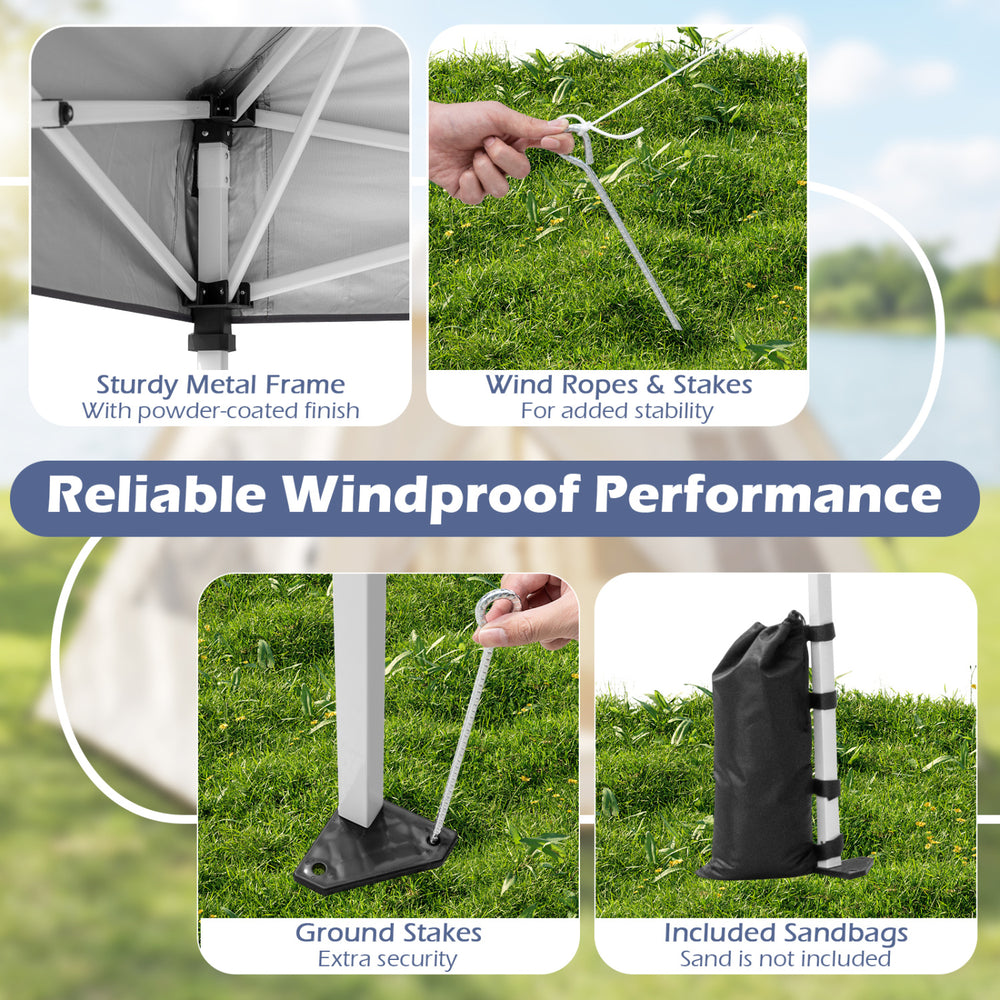 Sturdy metal frame with wind ropes and stakes for added stability in the 10 x 10 feet foldable pop-up canopy.
