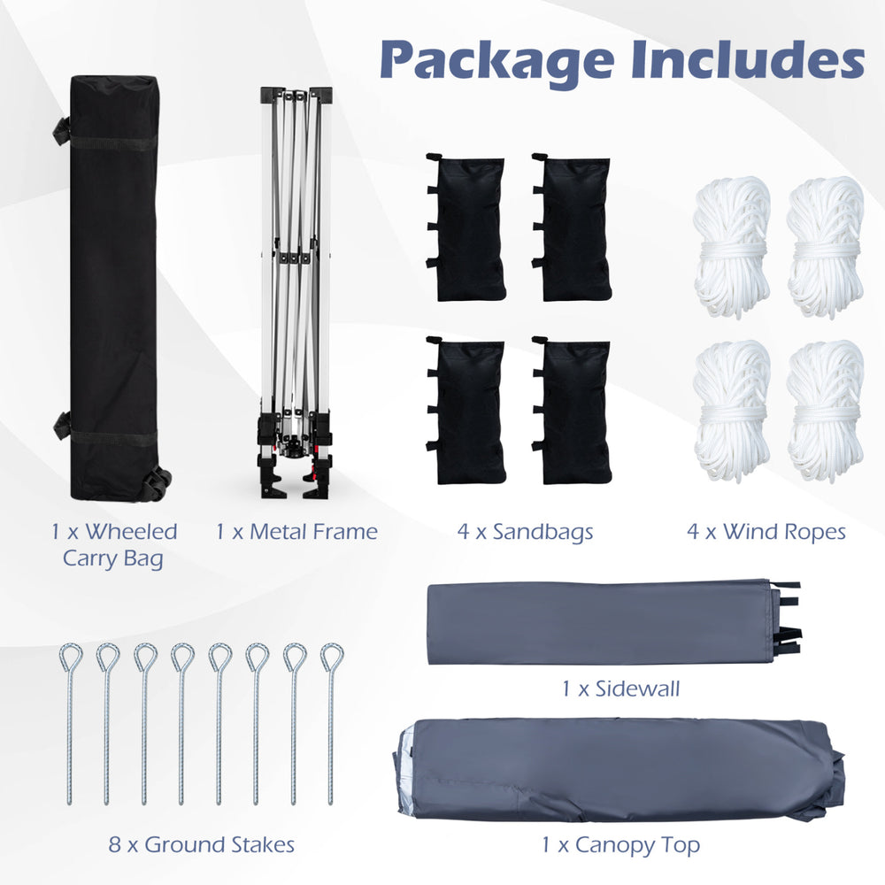 The 10 x 10 feet gray pop-up canopy includes a wheeled carry bag, sidewalls, sandbags, and wind ropes for stability.