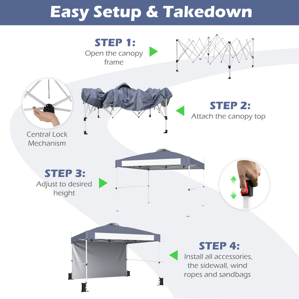 Foldable 10 x 10 feet gray pop-up canopy with adjustable height, ideal for outdoor events and easy to transport.