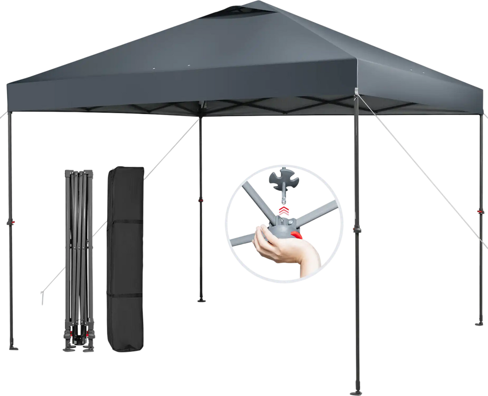 Gray 10 x 10 feet foldable outdoor pop-up canopy with carrying bag, ideal for beach parties and camping.