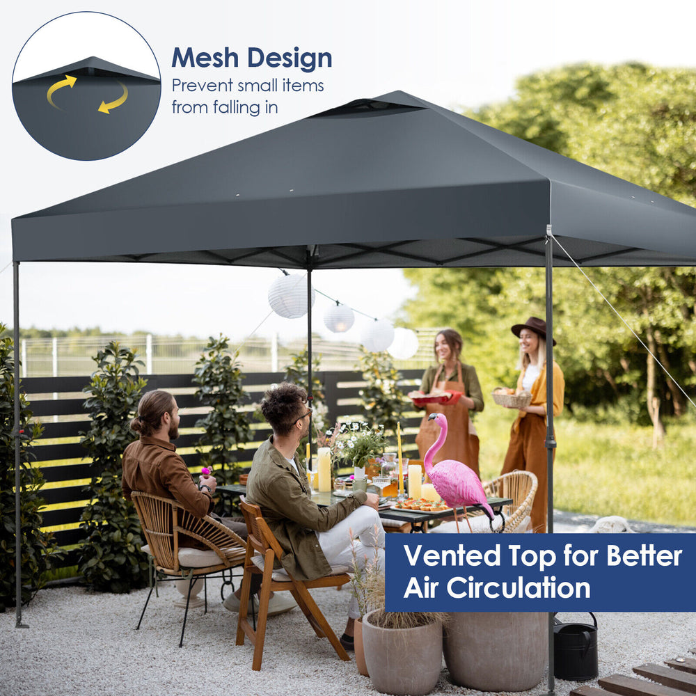 Gray 10 x 10 feet foldable outdoor pop-up canopy with vented top for airflow, ideal for beach parties and picnics.