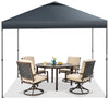 Gray 10 x 10 feet foldable outdoor pop-up canopy with four swivel chairs, ideal for patio BBQs and picnics.
