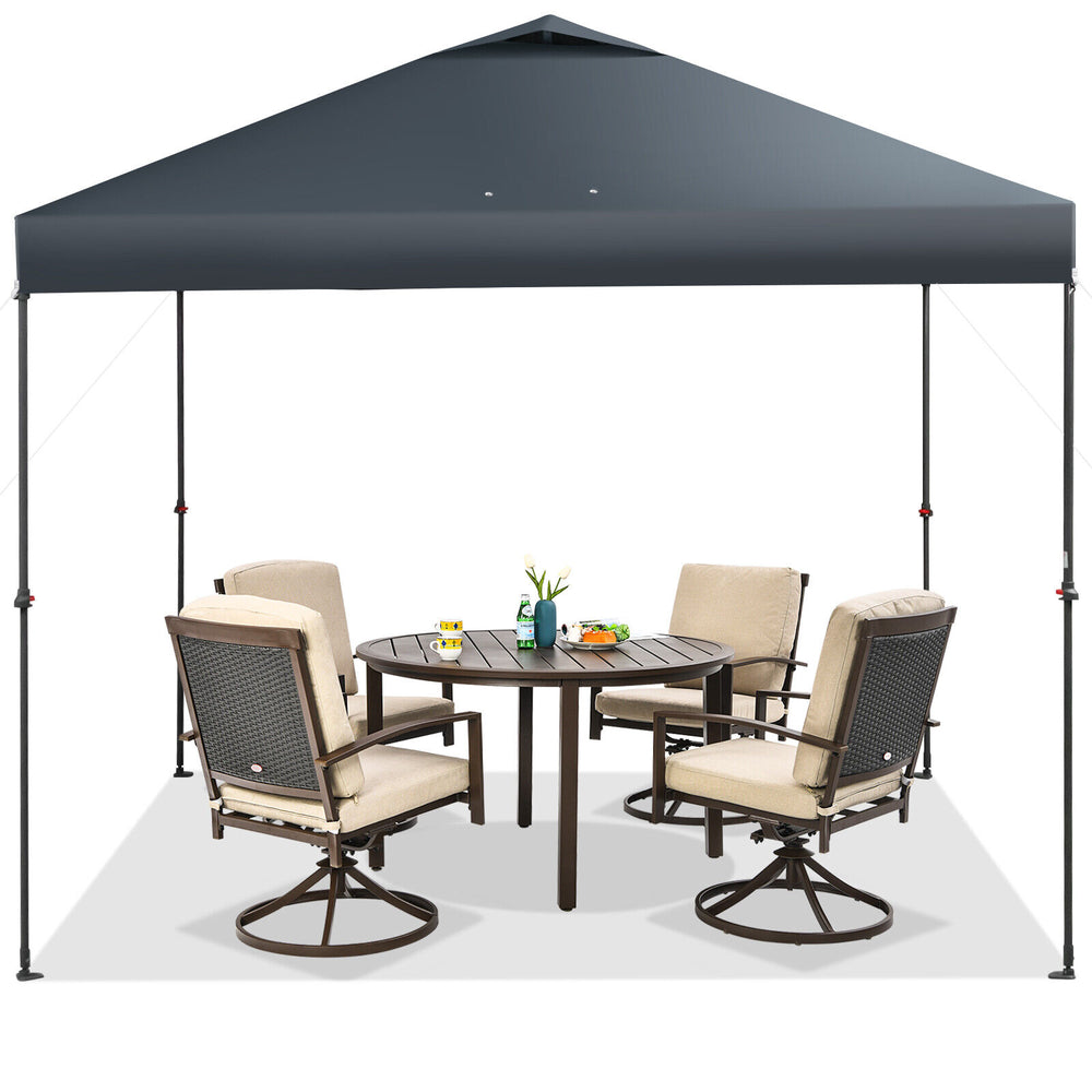 Gray 10 x 10 feet foldable outdoor pop-up canopy with four swivel chairs, ideal for patio BBQs and picnics.