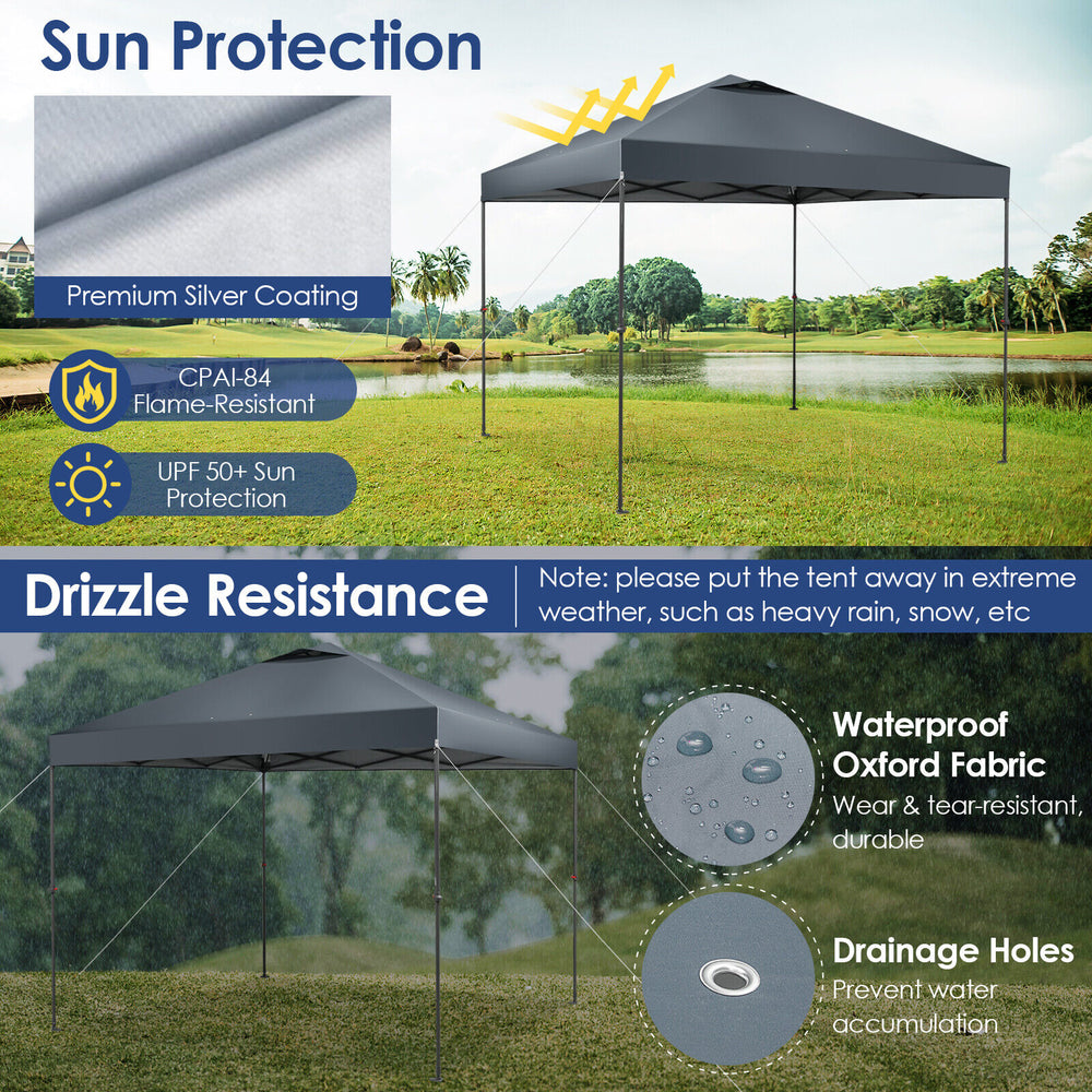 Foldable 10 x 10 feet gray outdoor pop-up canopy with waterproof oxford fabric, UPF 50+ sun protection, and drainage.