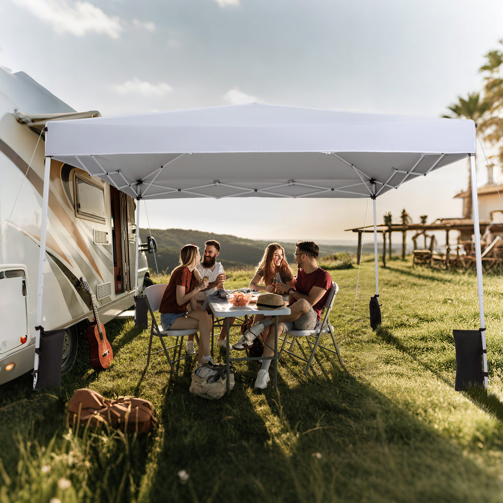 Pop up canopy tent in white, 10 x 10 feet, providing UPF50+ sun protection for outdoor gatherings and picnics.
