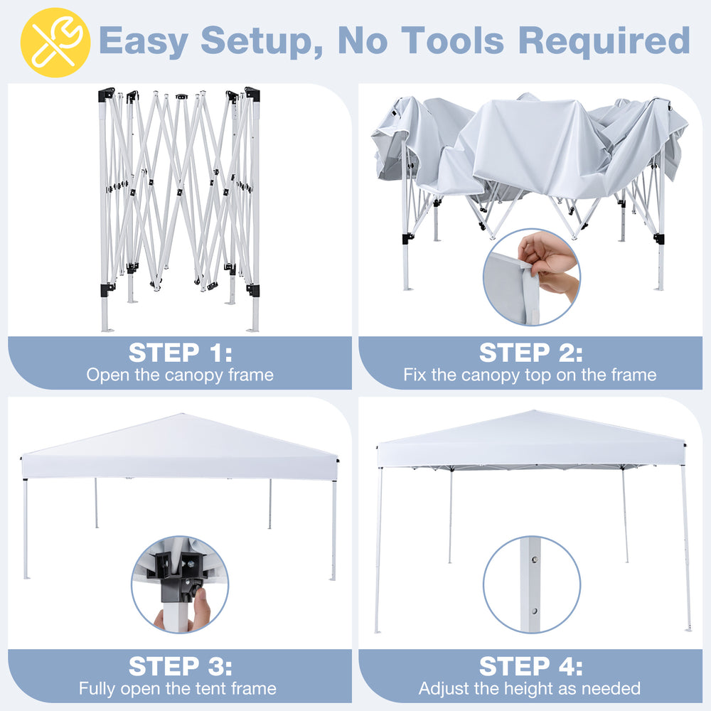 Pop up canopy tent setup steps showing frame assembly, canopy attachment, and height adjustment for outdoor events.