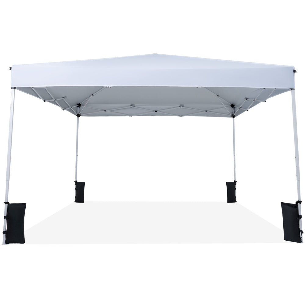 10 x 10 feet pop-up canopy tent in white with portable carrying bag and 4 sandbags for stability at outdoor events.