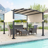 Modern arched 10 x 10 ft outdoor pergola with beige retractable sunshade, perfect for garden or patio relaxation.