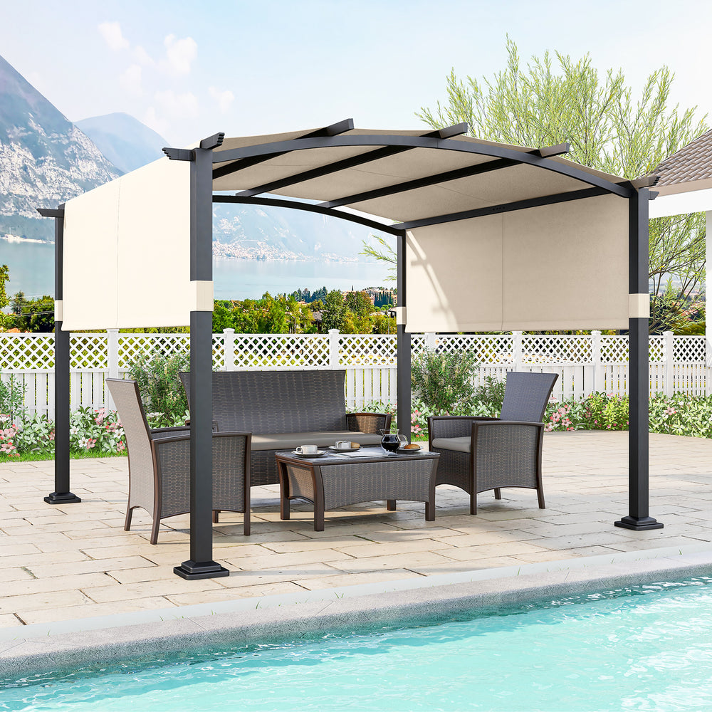 Modern arched 10 x 10 ft outdoor pergola with beige retractable sunshade, perfect for garden or patio relaxation.