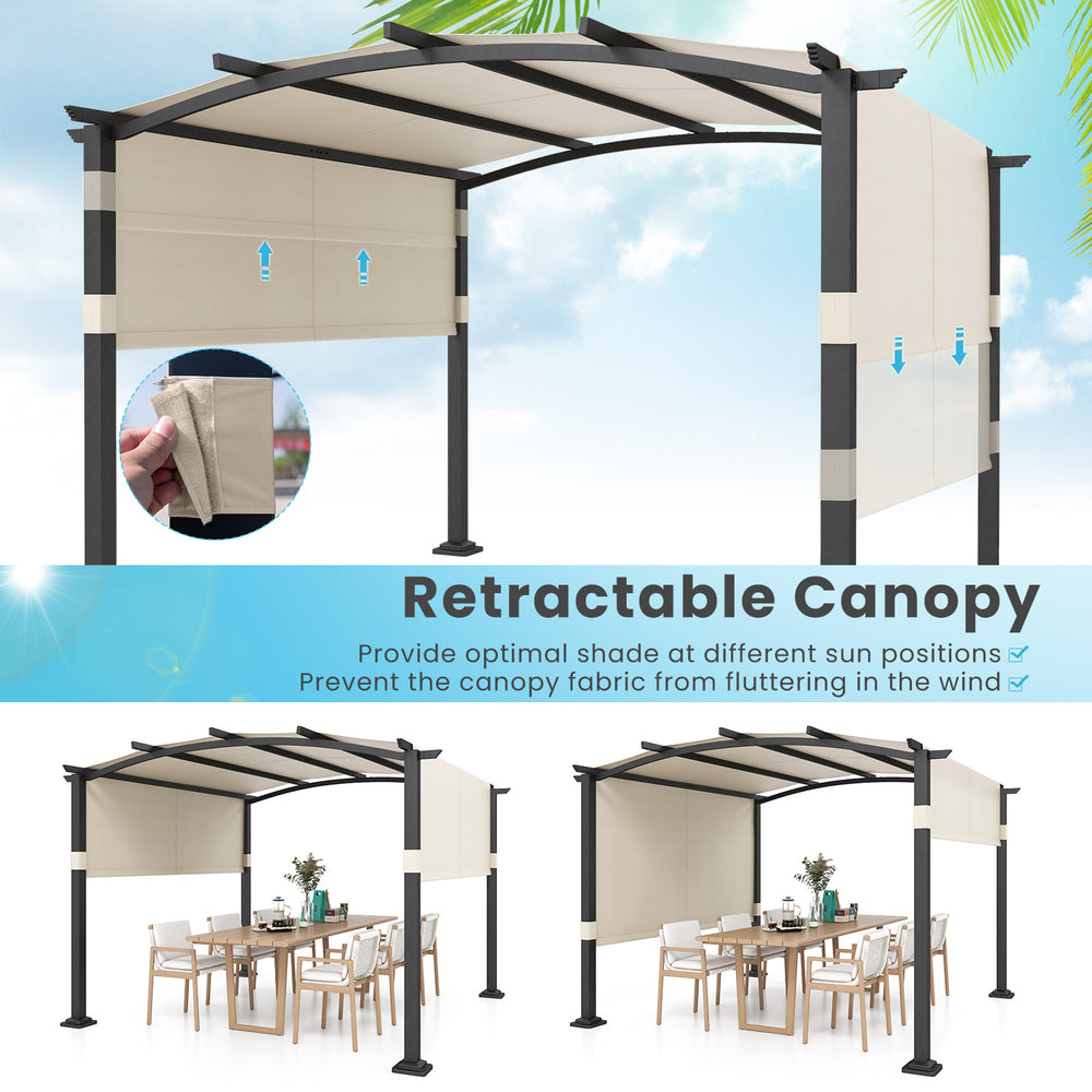 Retractable canopy of a 10 x 10 ft outdoor pergola in beige, providing shade and stability for garden use.